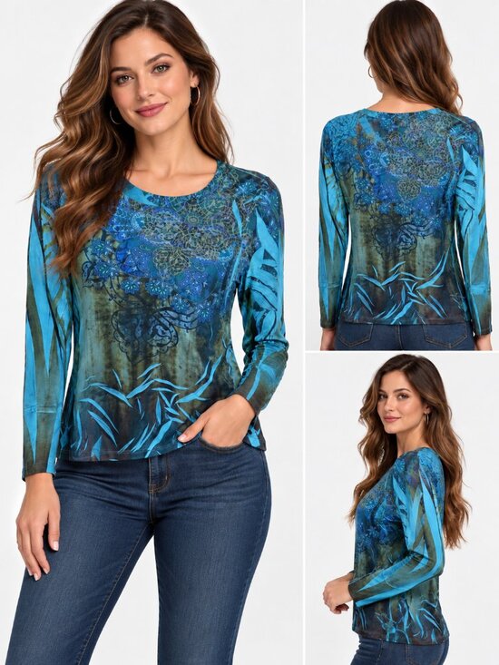 Decree Tops - Decree Green Geometric Long Sleeve Pullover Top Size Med